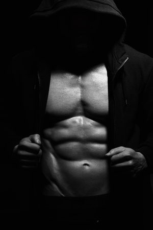 Athletic Strong Sexual Man Abs Six Pack Muscles Bodybuiding And Fitness Concept. Studio shot, Monochrome, Black and Whiteの写真素材