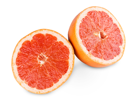 Fresh grapefruit isolated on white background. Closeup image of ideal round citrus fruit, healthy natural organic foodの写真素材