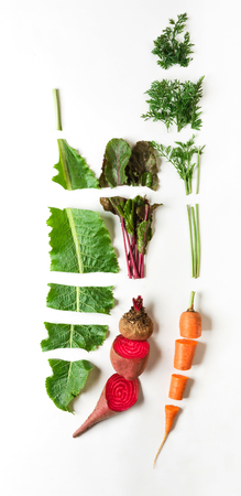 Healthy organic food. Raw cut vegetables, ingredients for borsh on white isolated studio background, top view, flat lay, objectの写真素材