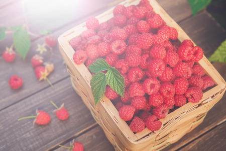 Wicker basket full of raspberries closeup on wooden table background. Summer berry harvest, flare...