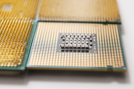 Computer processor chip close-up. New CPU, technology repair shop, device upgrade, electronic...