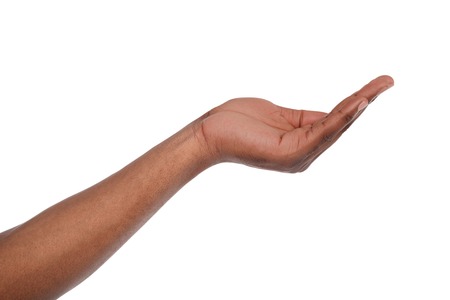 Holding or offering. Outstretched male hand, man keeping empty palm on white isolated background