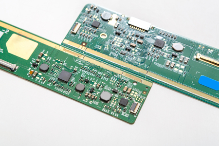 Digital gadgets components, repair shop concept. Microcircuits on white background closeup