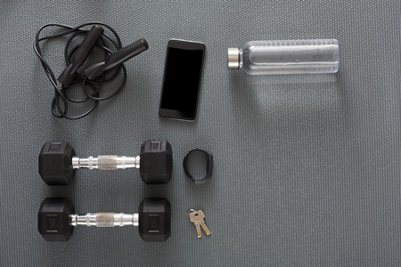 Fitness background, male sport equipment for training and outfit, copy space. Weightloss, healthy...