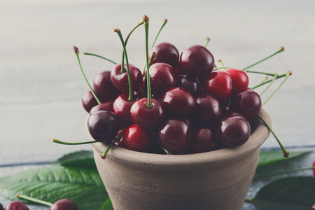 Fresh cherries bowl closeup with green leaves on blue rustic wood backround. Healthy food on tableの写真素材