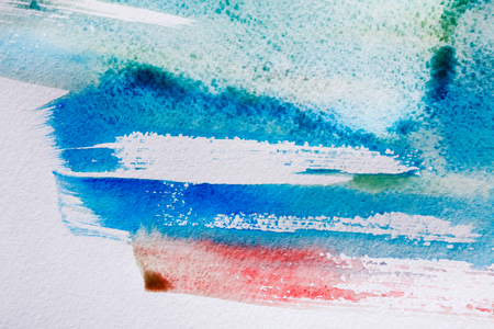 Abstract watercolor textured background. Hand painted brush strokes on white paper, contemporary art backdrop, copy spaceの写真素材