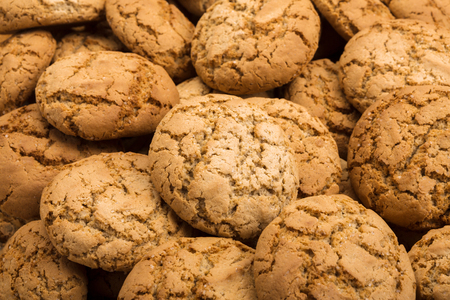 Cookies background. Oatmeal biscuits texture background. Fattening sweets conceptの写真素材