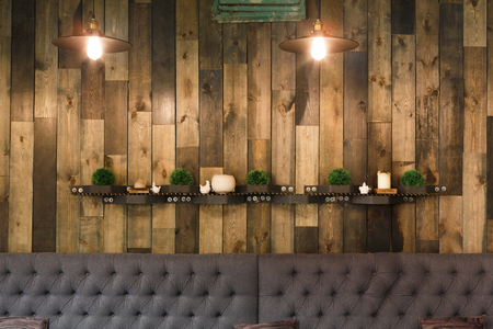 Vintage wooden loft interior of restaurant. Cozy dining place, contemporary design backgroundの写真素材