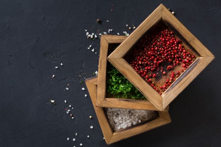 Spices assortment on black background. Salt, peppers and parsley on dark background, closeup, copy space, top viewの写真素材