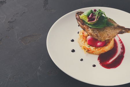 Exclusive restaurant meals. Duck confit with braised cabbage, baked apple and cranberry sauce served on snow white plate on black table background, copy spaceの写真素材