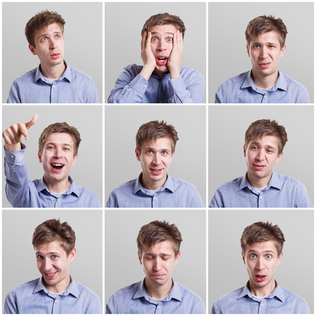 Mosaic of young caucasian man expressing different emotions and gesturing at gray studio background