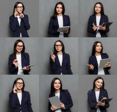 Set of different emotions of business woman in formal suit. Young female employee using gadgets and grimacing on camera. Happy, smiling, playful and serious portraitsの写真素材