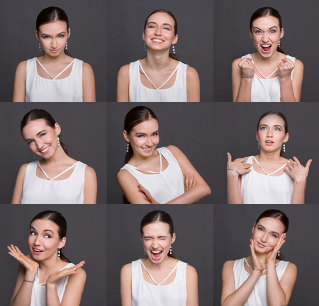 Different emotions collage. Set of beautiful brunette girl emotional portraits. Positive and...