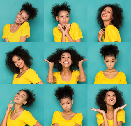 Different emotions collage. Set of beautiful african-american girl emotional portraits. Positive and negative female feelings. Young woman grimacing on cameraの写真素材