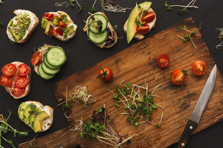 Vegetarian wholegrain sandwiches with micro greens. Vegan party food table with organic vegetables canapes. Healthy lifestyle and eating right conceptの写真素材