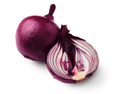 Red sweet onion half cut, with purple skin, isolated on white background. Closeup image of ideal round onion vegetable, healthy natural organic foodの写真素材