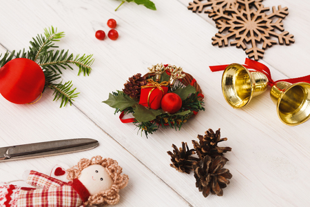 Creative diy hobby. Handmade tools for making modern christmas gift. White wooden table with craft accessories, copy spaceの写真素材