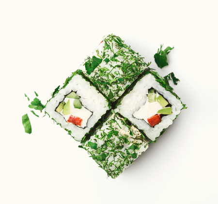 Sushi japanese restaurant delivery. Set of green rolls with seaweed and philadelphia cheese isolated on white, closeup, top view. Healthy food, copy spaceの写真素材