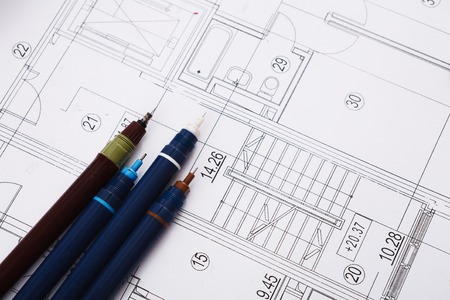 Workplace of architect. Pencils set on blueprint, engineering tools for creating new architectural...