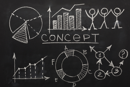 Conceptual educational or business diagrams background. schematic results and growth graphs and charts and drawn with chalk on blackboard.の写真素材
