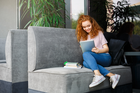 Young redhead female student working with tablet sitting on gray couch with notepads. Education conceptの写真素材