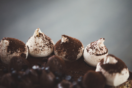 Meringue cake with hazelnuts and buttercream. Traditional ukrainian dessert Kiev cake, delicious sweet treat, copy spaceの写真素材