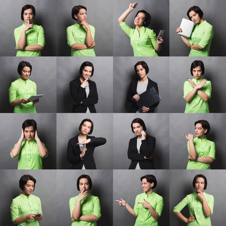 Different emotions collage. Set of brunette girl emotional portraits. Positive and negative female feelings, casual and formal business wear. Young woman grimacing on camera at gray studio backgroundの写真素材