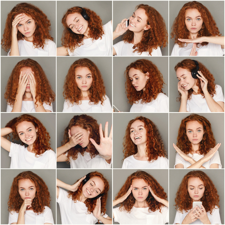 Set of young girl emotions. Casual redhead woman grimacing and gesturing on camera at gray studio background. Happiness, fear, surprise. Positive and negative feelingsの写真素材