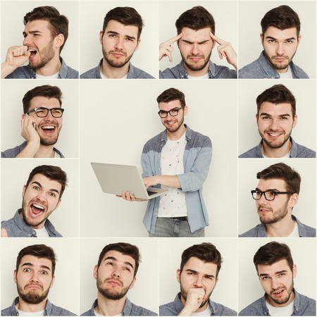 Set of young casual man expressing different emotions and gesturing at white studio background....
