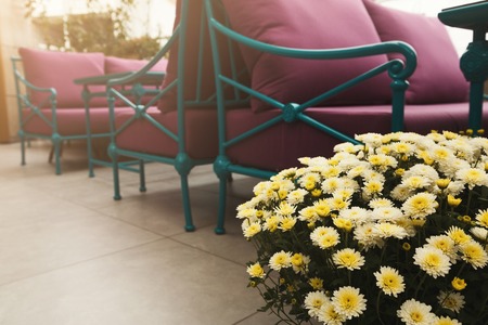 Modern cafe interior. Light walls and bright furniture in stylish restaurant design, copy space, selective focusの写真素材
