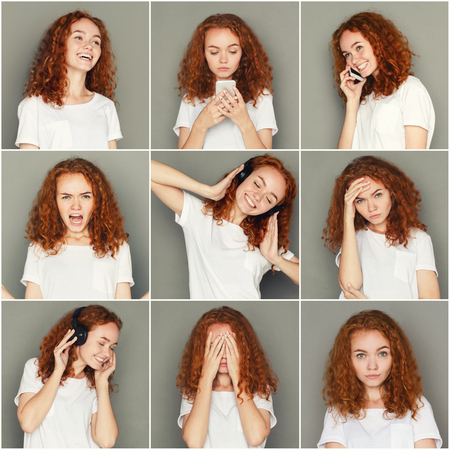 Set of different emotions of casual redhead woman at gray studio background. Young female using gadgets and grimacing on camera. Happy, smiling, playful and serious portraitsの写真素材