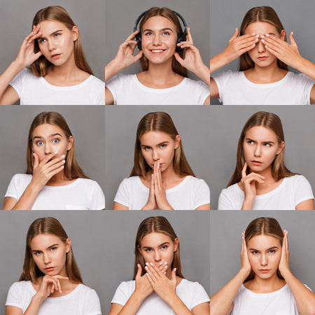 Different emotions collage. Set of beautiful blonde girl emotional portraits. Positive and negative female feelings. Young woman grimacing on camera at gray studio backgroundの写真素材