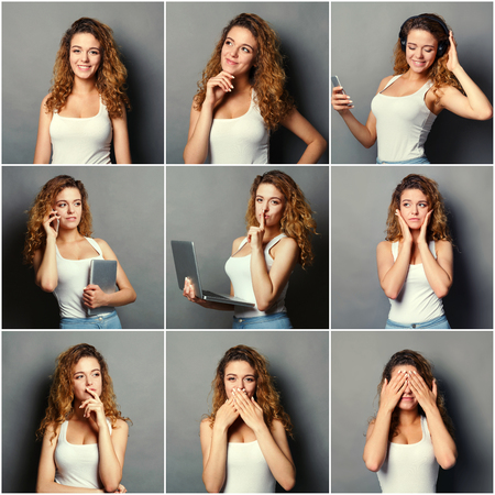 Set of different emotions of casual redhead woman at gray studio background. Young female using gadgets and grimacing on camera. Happy, smiling, playful and serious portraitsの写真素材