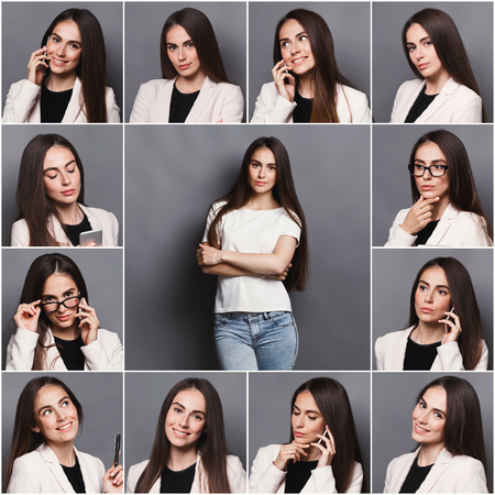 Set of different emotions of business woman in formal suit. Young female employee using gadgets and grimacing on camera. Happy, smiling, playful and serious portraitsの写真素材