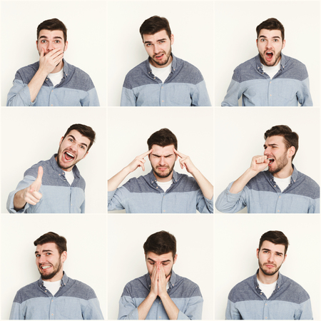 Set of young casual man expressing different emotions and gesturing at white studio backgroundの写真素材