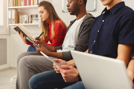 Business corporate meeting of unrecognizable successful team, copy space. Office discussion, communication with partners, modern technologies conceptの写真素材