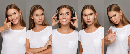Different emotions collage. Set of beautiful blonde girl emotional portraits. Positive and negative female feelings. Young woman grimacing on camera at gray studio backgroundの写真素材