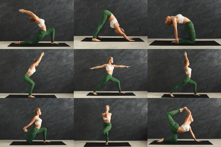 Mosaic of different fitness exercises. Sporty blonde woman practicing yoga in various poses at gym. Active, healthy lifestyle conceptの写真素材