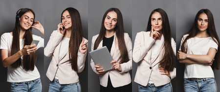 Set of different emotions of business woman in formal suit. Young female employee using gadgets and...