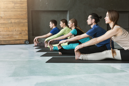 Young women and men in yoga class, stretching exercises. Pose for relaxation. Healthy lifestyle in fitness club, copy spaceの写真素材