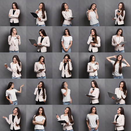 Set of different emotions of business woman in formal suit. Young female employee using gadgets and grimacing on camera. Happy, smiling, playful and serious portraitsの写真素材