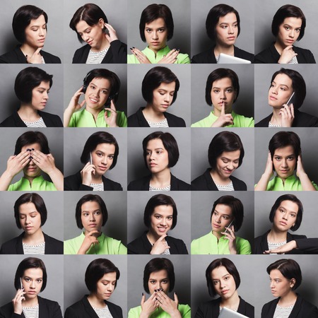 Different emotions collage. Set of brunette girl emotional portraits. Positive and negative female feelings, casual and formal business wear. Young woman grimacing on camera at gray studio backgroundの写真素材