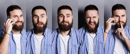 Set of young casual man expressing different emotions and gesturing at gray studio backgroundの写真素材