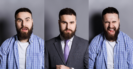 Set of young casual man expressing different emotions and gesturing at gray studio backgroundの写真素材