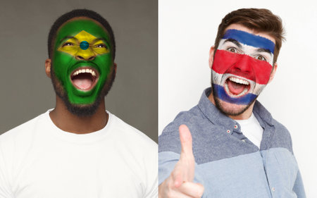 Emotional soccer fans with painted Brazil and Costa Rica flags on faces. Confrontation of football...