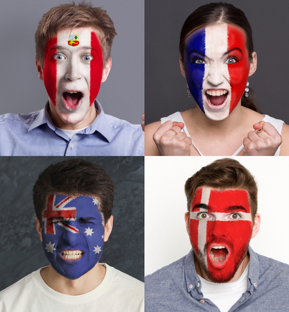 Emotional soccer fans with painted flags of France, Australia, Peru and Denmark on faces. Rooters of football worldcup competition between rival countries of group C.の写真素材