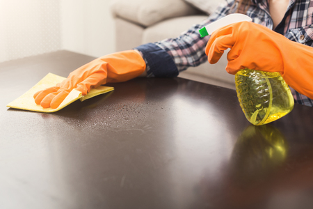 Woman using spray cleaner on wooden surface. Unrecognizable girl polishing furniture, housework and chores concept, copy space, closeupの写真素材
