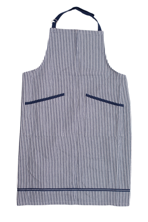 Striped professional apron isolated on white background. Work uniform for cook or maidの写真素材