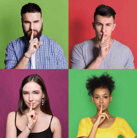 Secret. Set of diverse male and female portraits put finger on lips, on colorful studio backgrounds. Hush sign, keep silenceの写真素材