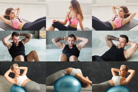 Collage of different fitness exercises. Slim man and women practicing yoga in various poses at gym. Active, healthy lifestyle conceptの写真素材